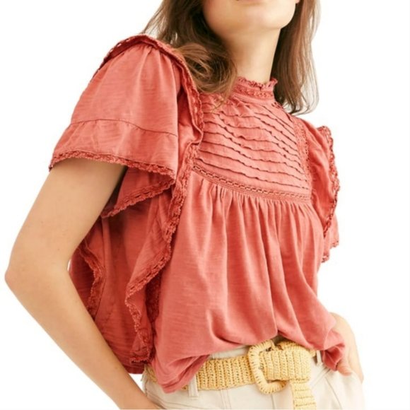 Free People Le Femme Coral Peach Distressed Top - Picture 1 of 2